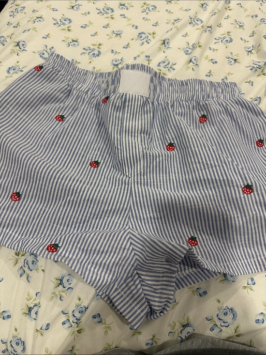 Pants - Blue Stripe Embroidered Strawberry Women’s Shorts